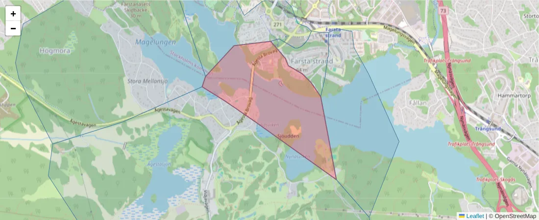 Karta över postnummerområdet  och angränsande postnummer i Sverige