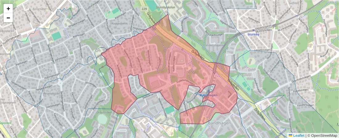 Karta över postnummerområdet  och angränsande postnummer i Sverige