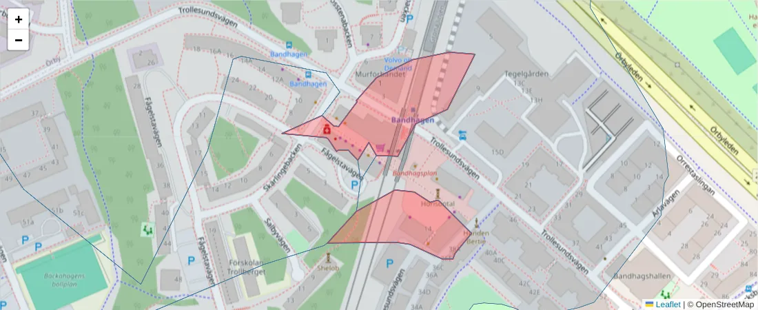 Karta över postnummerområdet  och angränsande postnummer i Sverige