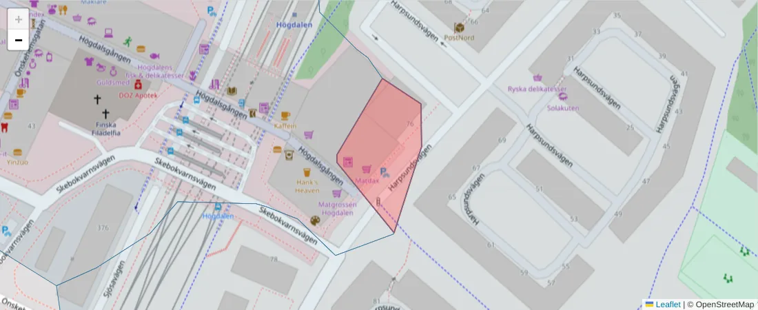 Karta över postnummerområdet  och angränsande postnummer i Sverige