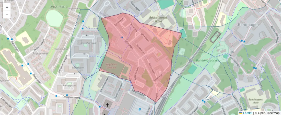 Karta över postnummerområdet  och angränsande postnummer i Sverige