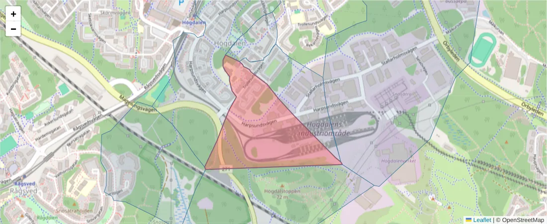 Karta över postnummerområdet  och angränsande postnummer i Sverige
