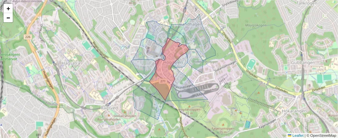 Karta över postnummerområdet  och angränsande postnummer i Sverige