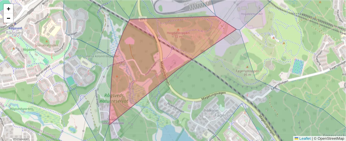 Karta över postnummerområdet  och angränsande postnummer i Sverige