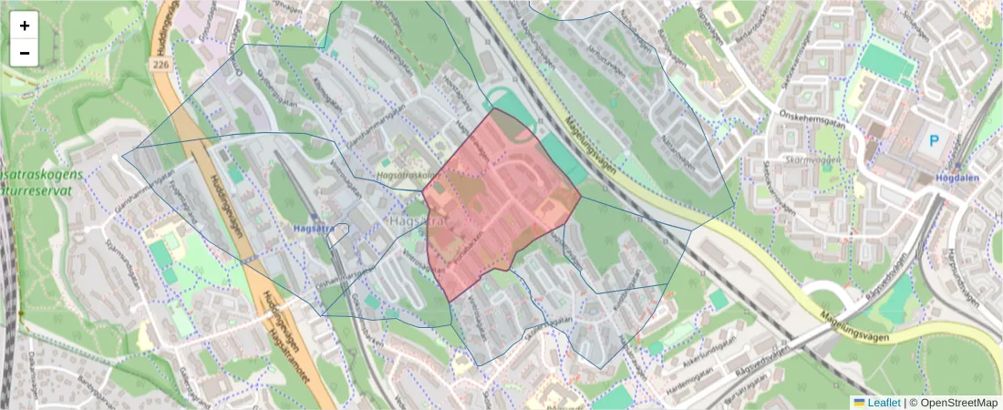 Karta över postnummerområdet  och angränsande postnummer i Sverige