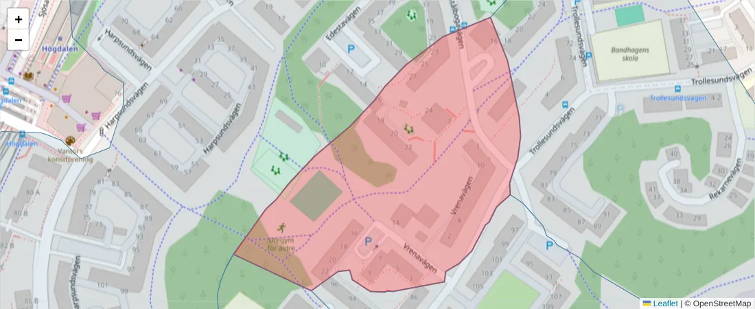 Karta över postnummerområdet  och angränsande postnummer i Sverige