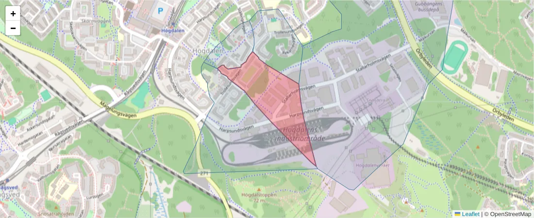 Karta över postnummerområdet  och angränsande postnummer i Sverige