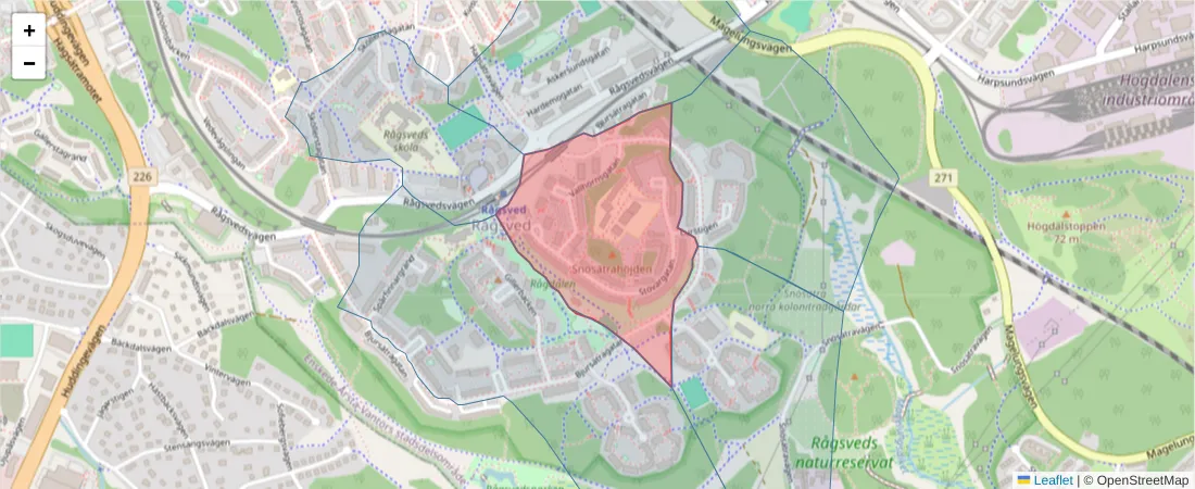 Karta över postnummerområdet  och angränsande postnummer i Sverige