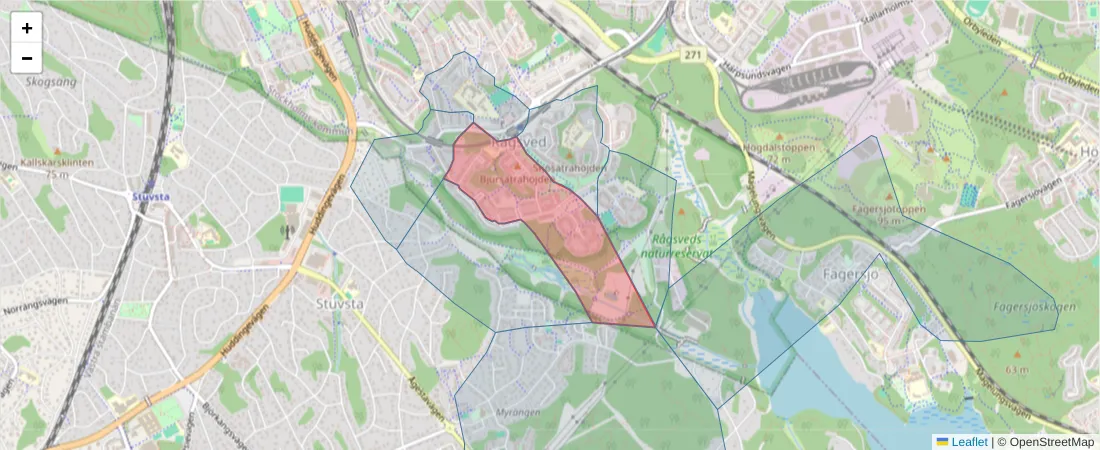 Karta över postnummerområdet  och angränsande postnummer i Sverige