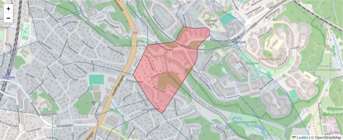 Karta över postnummerområdet  och angränsande postnummer i Sverige