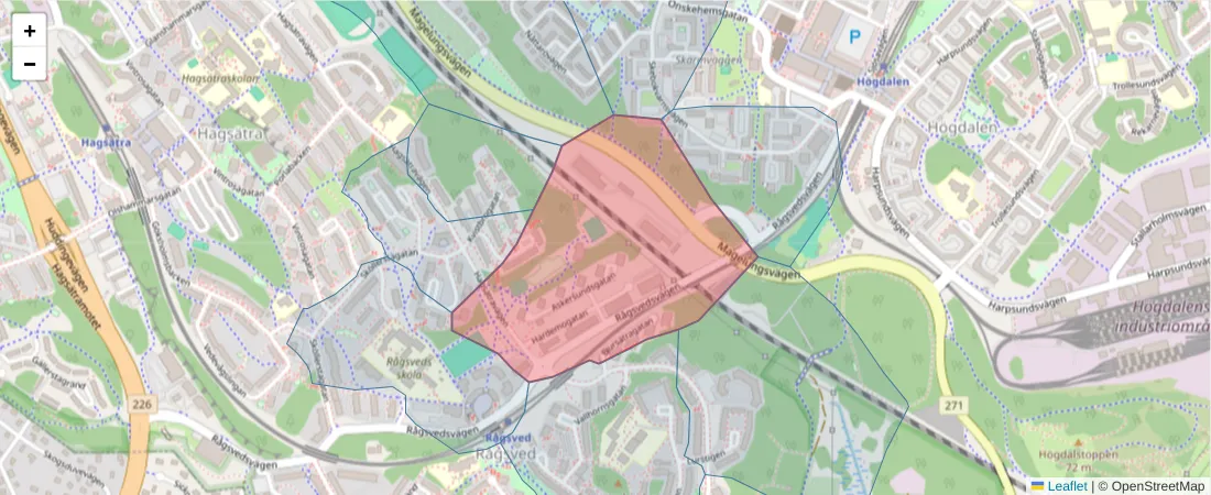 Karta över postnummerområdet  och angränsande postnummer i Sverige