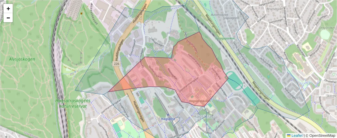 Karta över postnummerområdet  och angränsande postnummer i Sverige
