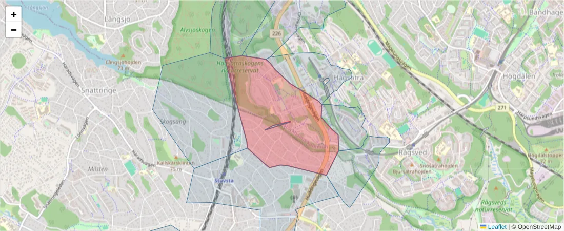 Karta över postnummerområdet  och angränsande postnummer i Sverige