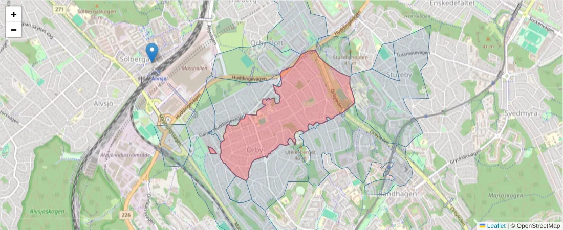 Karta över postnummerområdet  och angränsande postnummer i Sverige