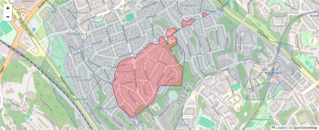 Karta över postnummerområdet  och angränsande postnummer i Sverige