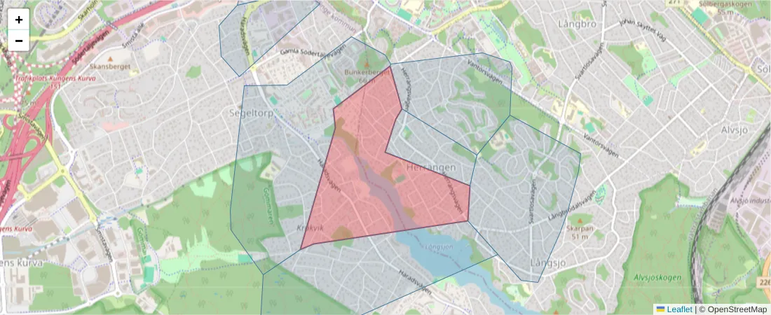 Karta över postnummerområdet  och angränsande postnummer i Sverige