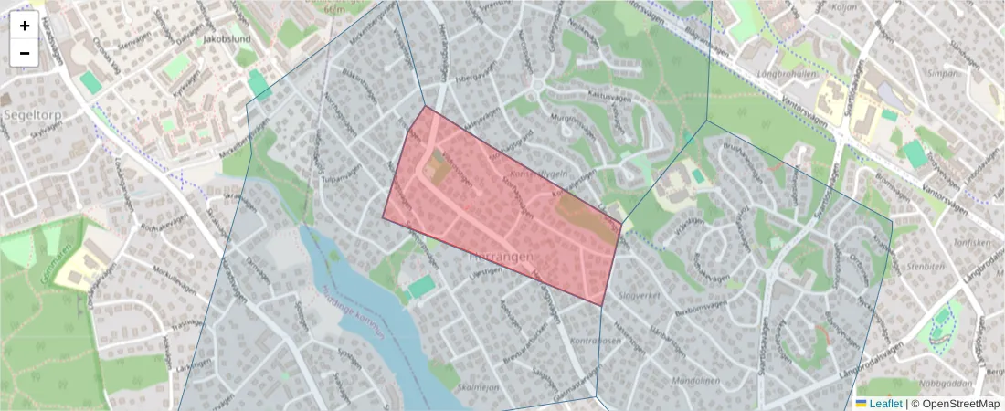 Karta över postnummerområdet  och angränsande postnummer i Sverige
