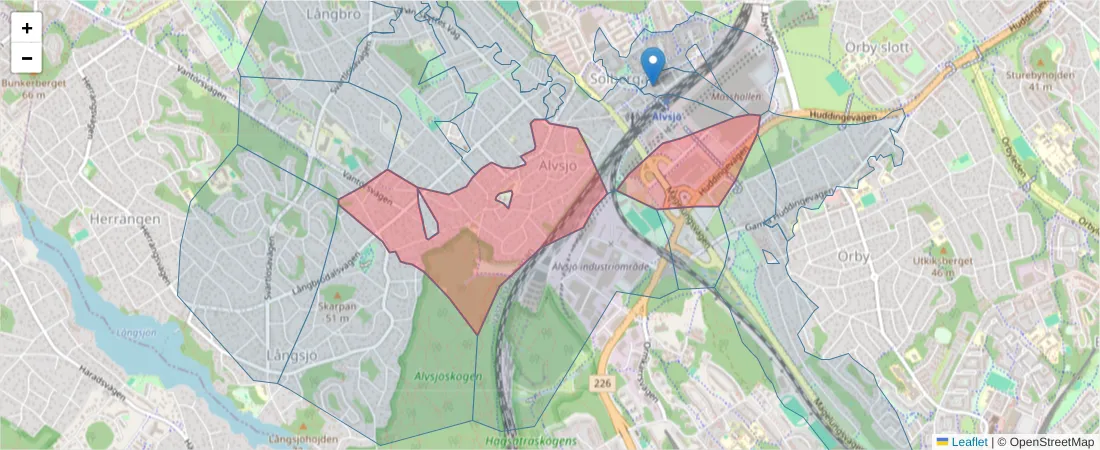 Karta över postnummerområdet  och angränsande postnummer i Sverige