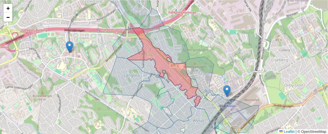 Karta över postnummerområdet  och angränsande postnummer i Sverige