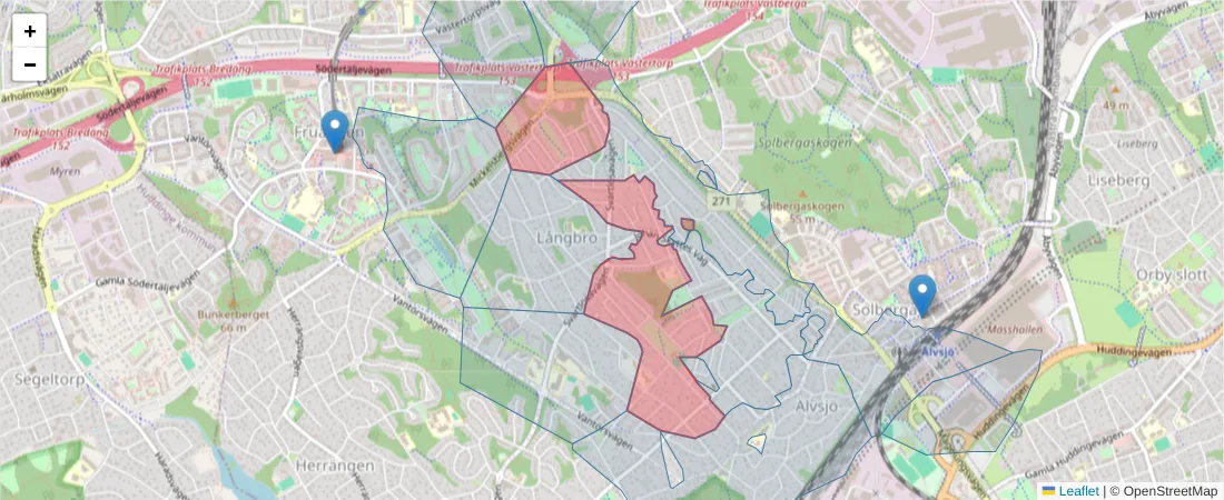 Karta över postnummerområdet  och angränsande postnummer i Sverige