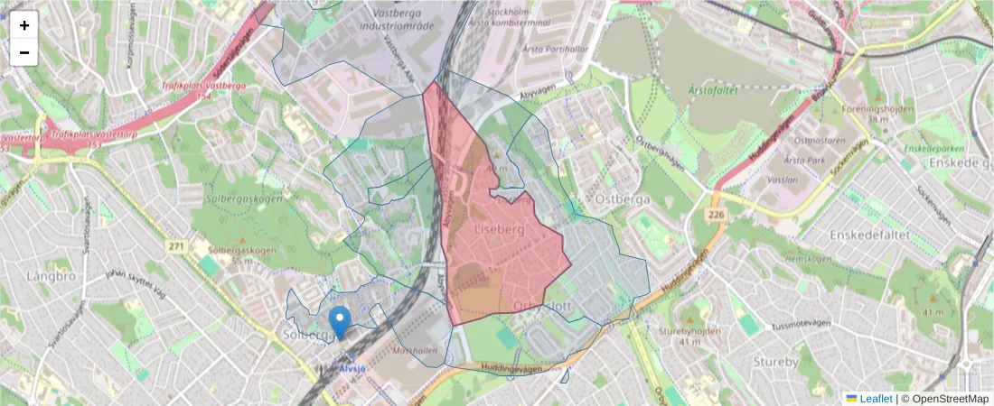Karta över postnummerområdet  och angränsande postnummer i Sverige