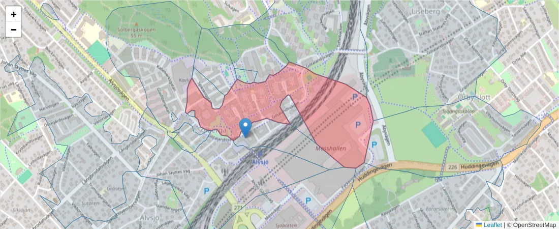 Karta över postnummerområdet  och angränsande postnummer i Sverige