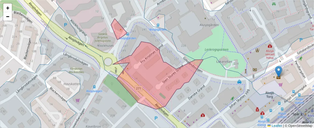 Karta över postnummerområdet  och angränsande postnummer i Sverige