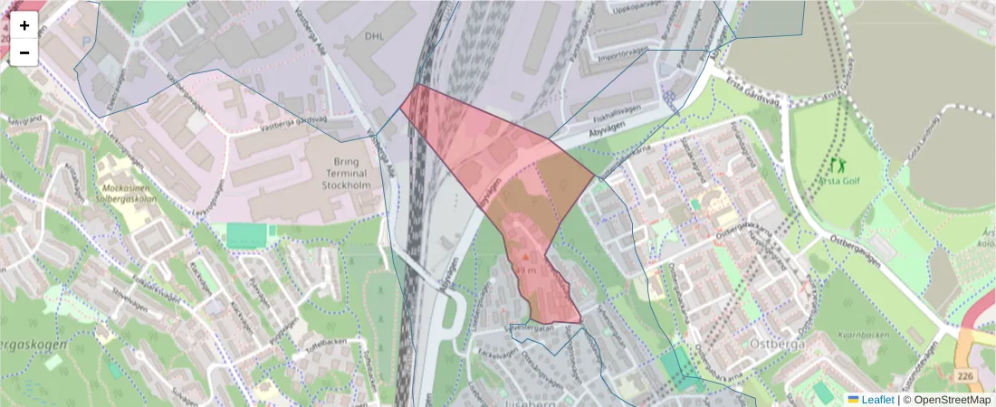 Karta över postnummerområdet  och angränsande postnummer i Sverige