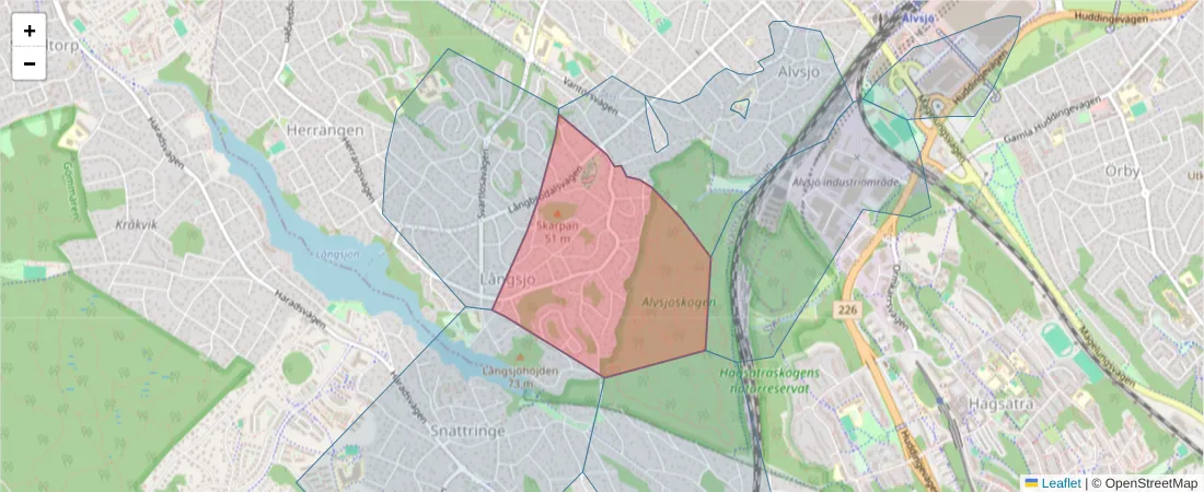 Karta över postnummerområdet  och angränsande postnummer i Sverige