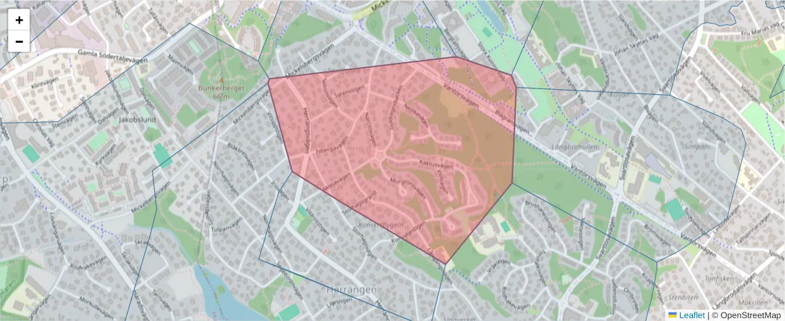 Karta över postnummerområdet  och angränsande postnummer i Sverige