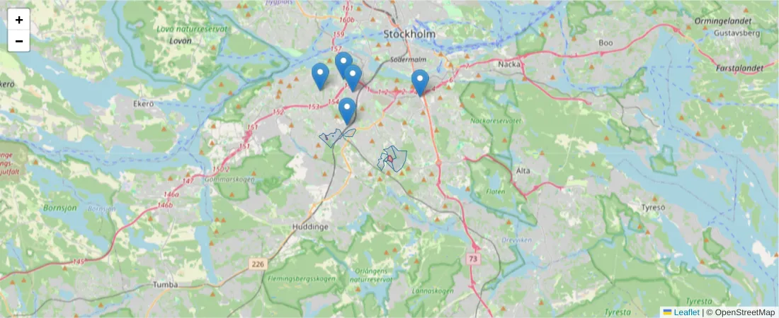 Karta över postnummerområdet  och angränsande postnummer i Sverige
