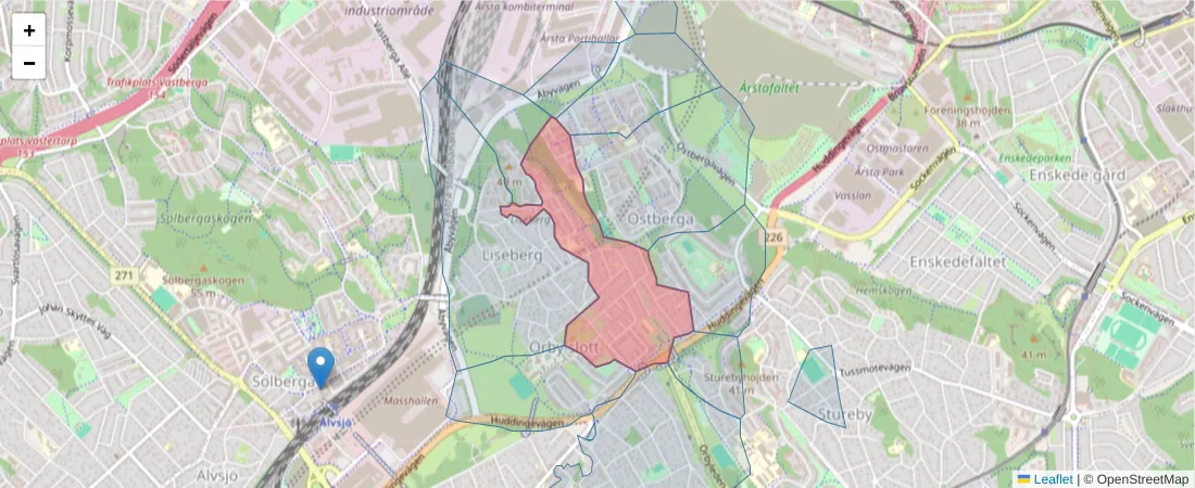 Karta över postnummerområdet  och angränsande postnummer i Sverige