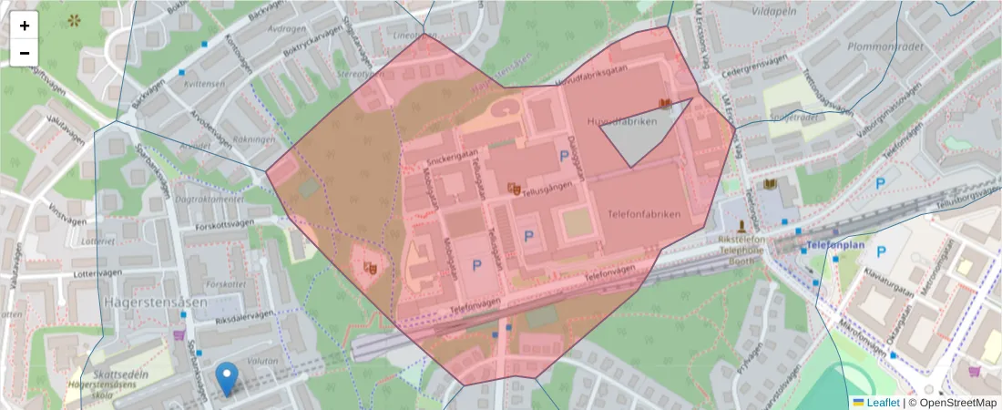 Karta över postnummerområdet  och angränsande postnummer i Sverige