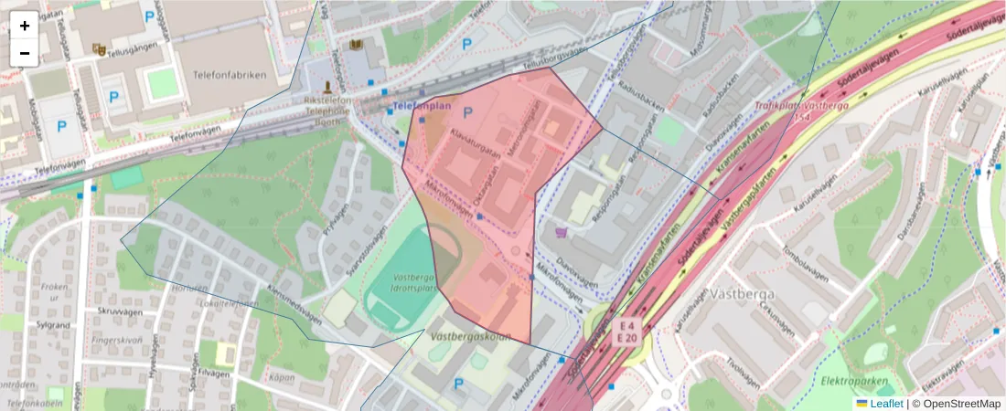 Karta över postnummerområdet  och angränsande postnummer i Sverige