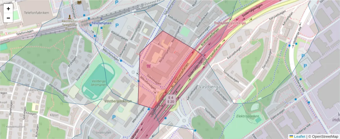 Karta över postnummerområdet  och angränsande postnummer i Sverige