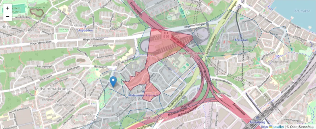 Karta över postnummerområdet  och angränsande postnummer i Sverige
