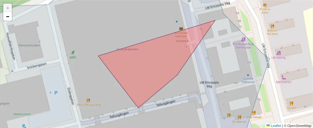 Karta över postnummerområdet  och angränsande postnummer i Sverige
