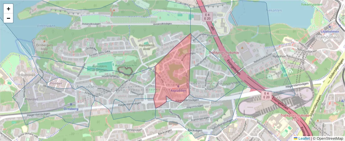 Karta över postnummerområdet  och angränsande postnummer i Sverige