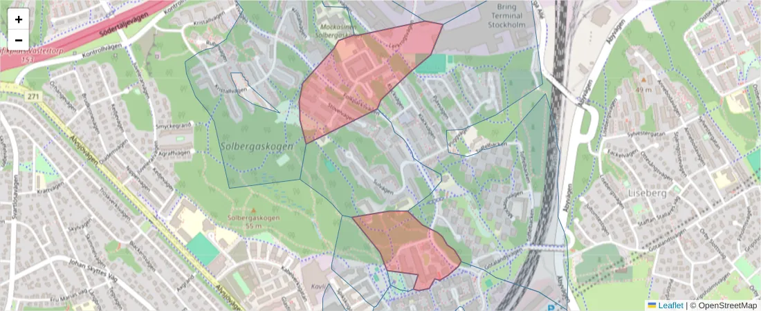 Karta över postnummerområdet  och angränsande postnummer i Sverige
