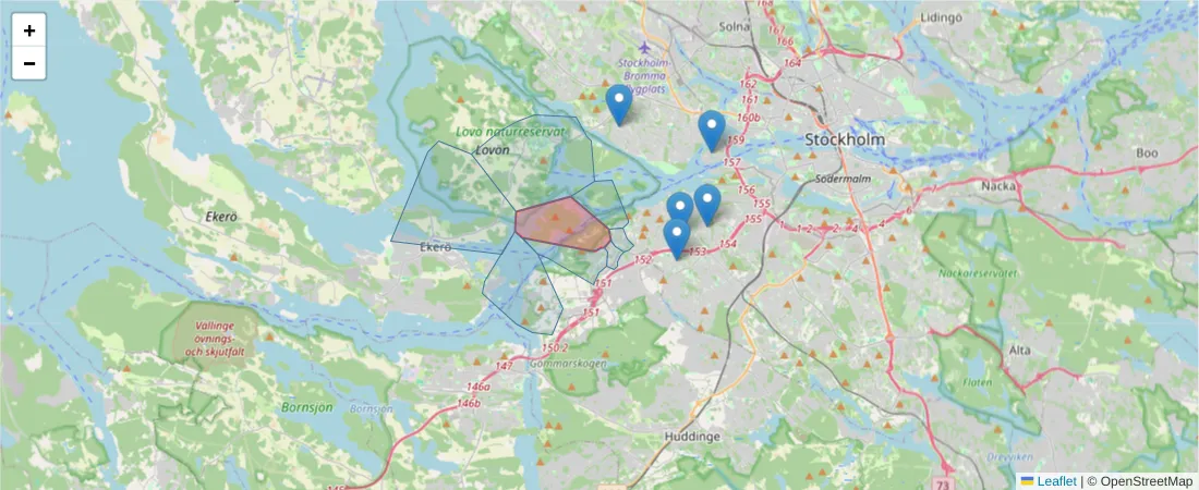 Karta över postnummerområdet  och angränsande postnummer i Sverige
