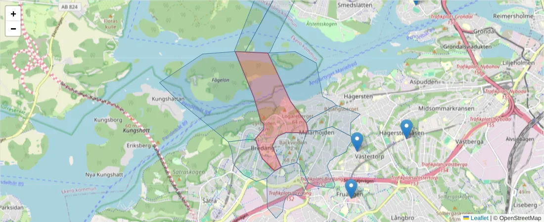 Karta över postnummerområdet  och angränsande postnummer i Sverige