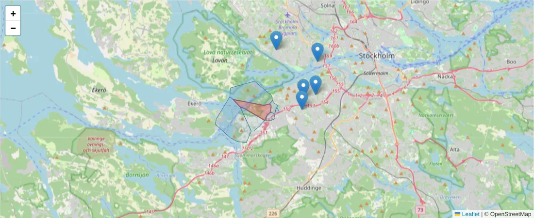 Karta över postnummerområdet  och angränsande postnummer i Sverige