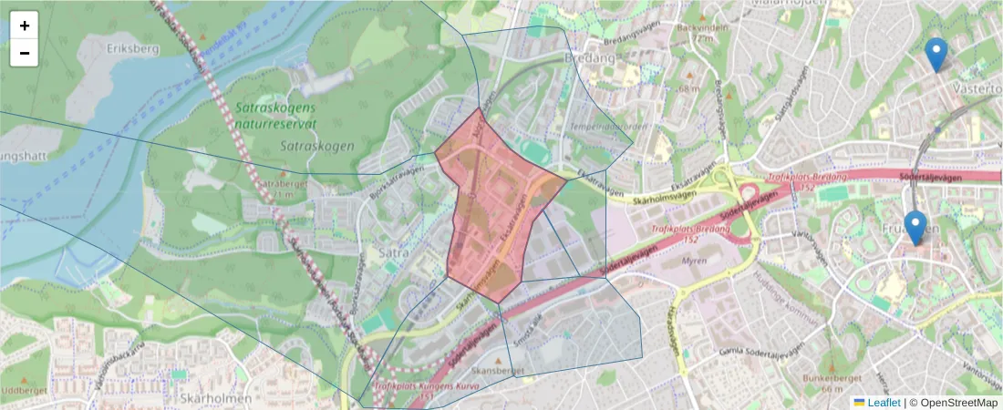 Karta över postnummerområdet  och angränsande postnummer i Sverige