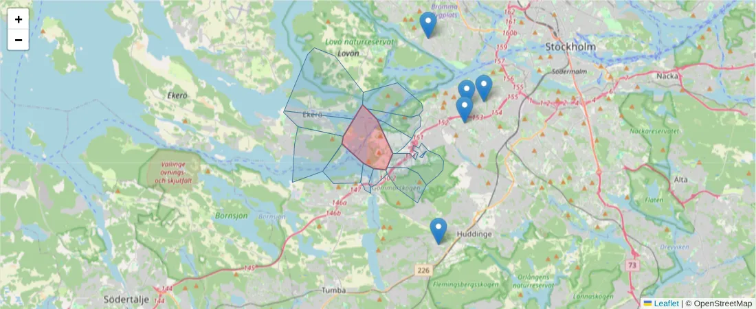 Karta över postnummerområdet  och angränsande postnummer i Sverige