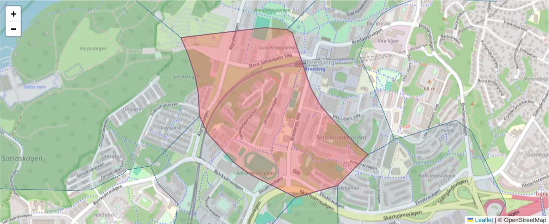 Karta över postnummerområdet  och angränsande postnummer i Sverige