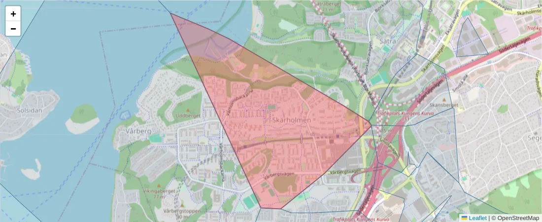Karta över postnummerområdet  och angränsande postnummer i Sverige