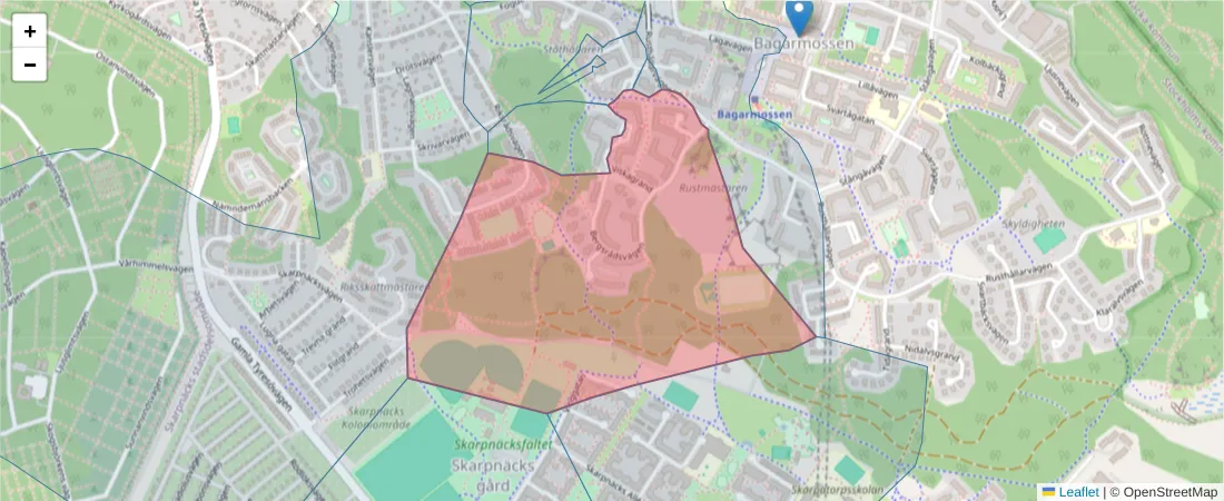 Karta över postnummerområdet  och angränsande postnummer i Sverige