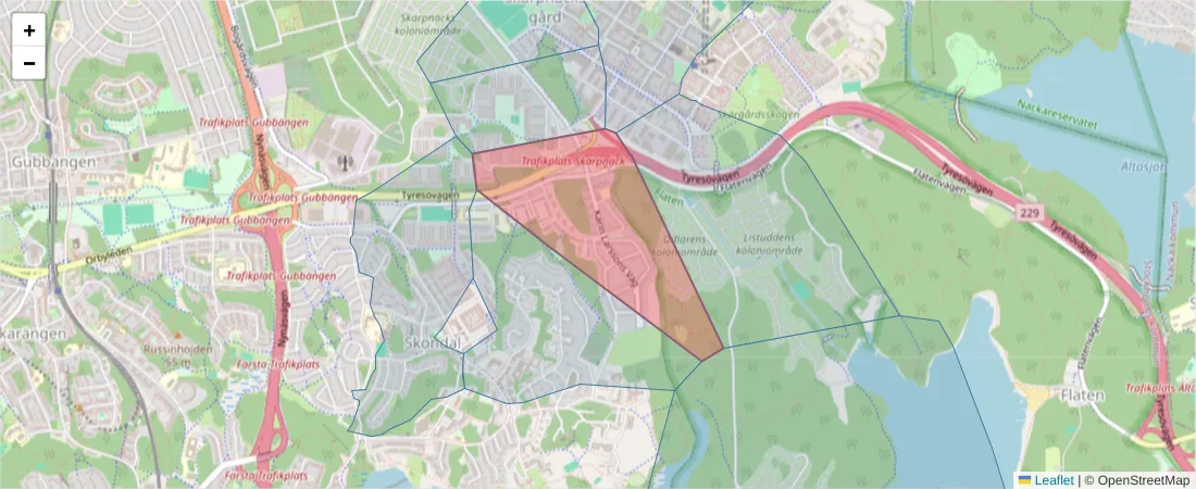 Karta över postnummerområdet  och angränsande postnummer i Sverige