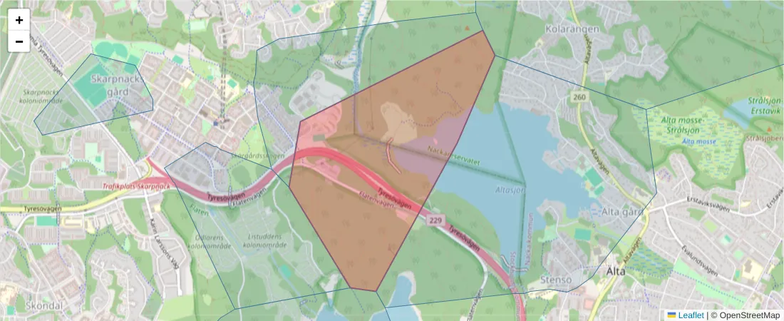 Karta över postnummerområdet  och angränsande postnummer i Sverige