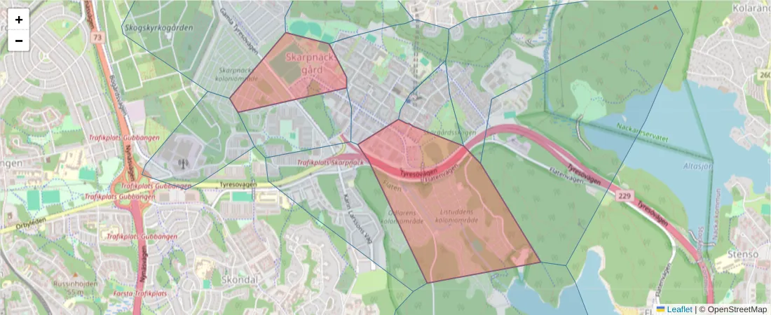 Karta över postnummerområdet  och angränsande postnummer i Sverige